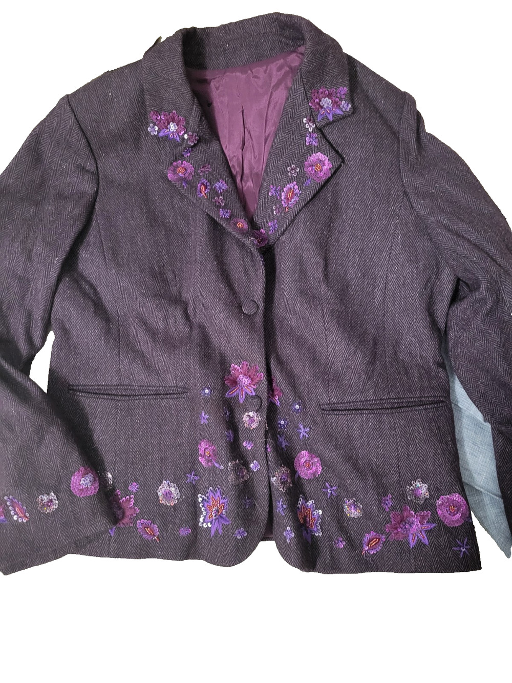 Vintage Womens Purple Floral Embroidered Sequin Blazer Boho Jacket